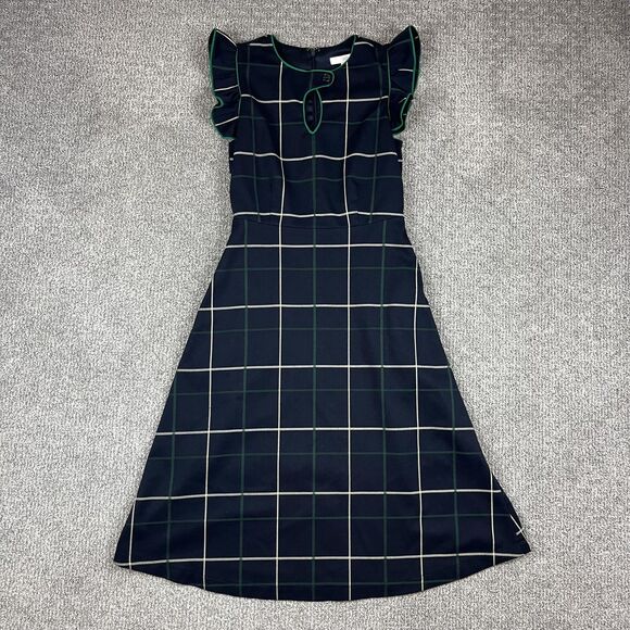 1901 Dress Womens 0 Navy Green Windowpane Plaid Fit & Flare Flutter Pockets - Picture 1 of 7